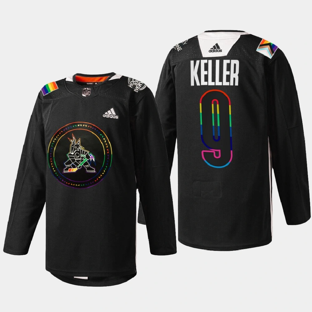 Women's Clayton Keller Arizona Coyotes Pride Night 2022 Black #9 Jersey HockeyIsForEveryone