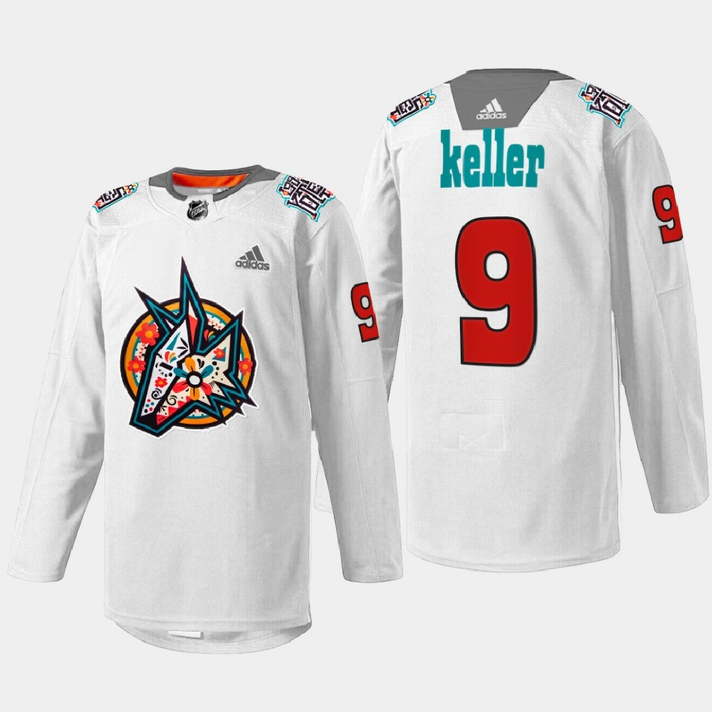 Women's Arizona Coyotes Los Yotes Night Clayton Keller White Warmup Jersey Women's Arizona Coyotes Los Yotes Night Clayton Keller White Warmup Jersey