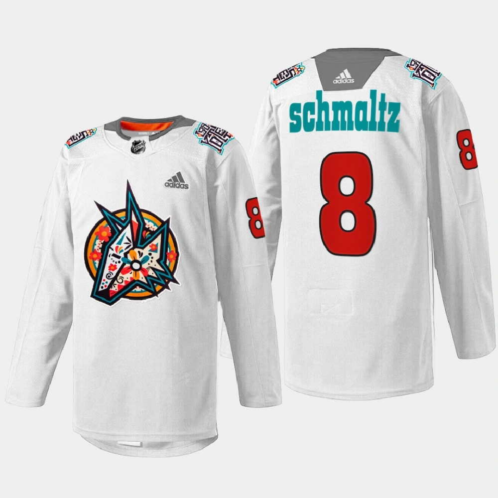 Women's Arizona Coyotes Los Yotes Night Nick Schmaltz White Warmup Jersey Women's Arizona Coyotes Los Yotes Night Nick Schmaltz White Warmup Jersey