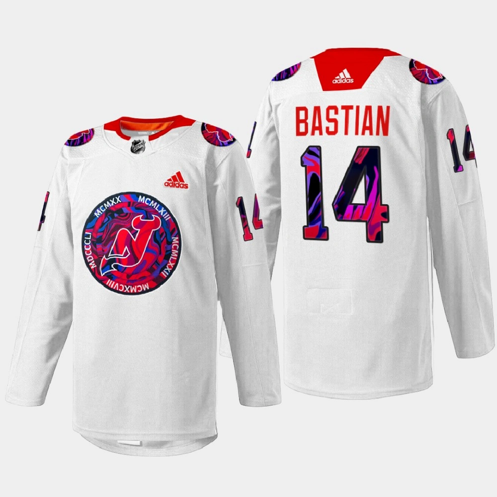 Women's Nathan Bastian New Jersey Devils Gender Equality Night 2022 White #14 Jersey Warm-up Women's Nathan Bastian New Jersey Devils Gender Equality Night 2022 White #14 Jersey Warm-up