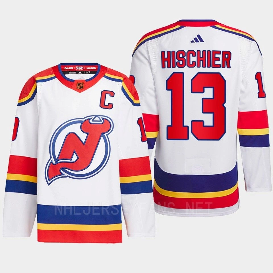 Youth New Jersey Devils 2022 Reverse Retro 2.0 Nico Hischier White Authentic Primegreen Jersey Men's Youth New Jersey Devils 2022 Reverse Retro 2.0 Nico Hischier White Authentic Primegreen Jersey Men's