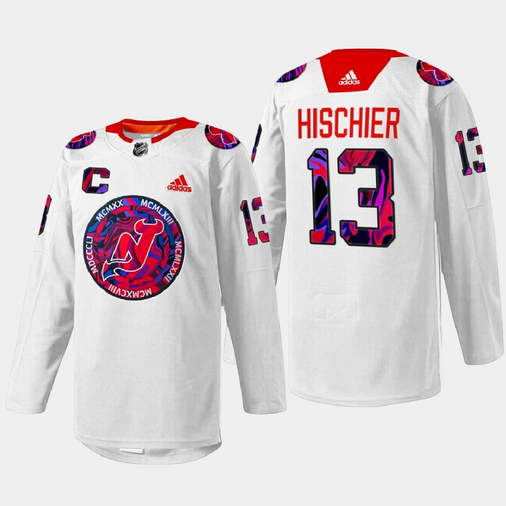 Nico Hischier New Jersey Devils Gender Equality Night 2022 White #13 Jersey Warm-up Nico Hischier New Jersey Devils Gender Equality Night 2022 White #13 Jersey Warm-up