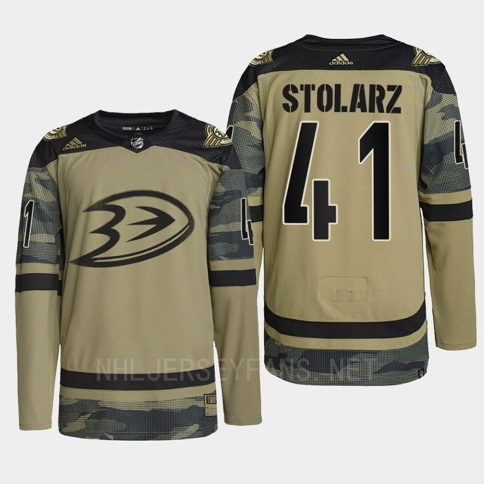 Anthony Stolarz Anaheim Ducks Military Appreciation Night 2022 Camo #41 Jersey Warmup