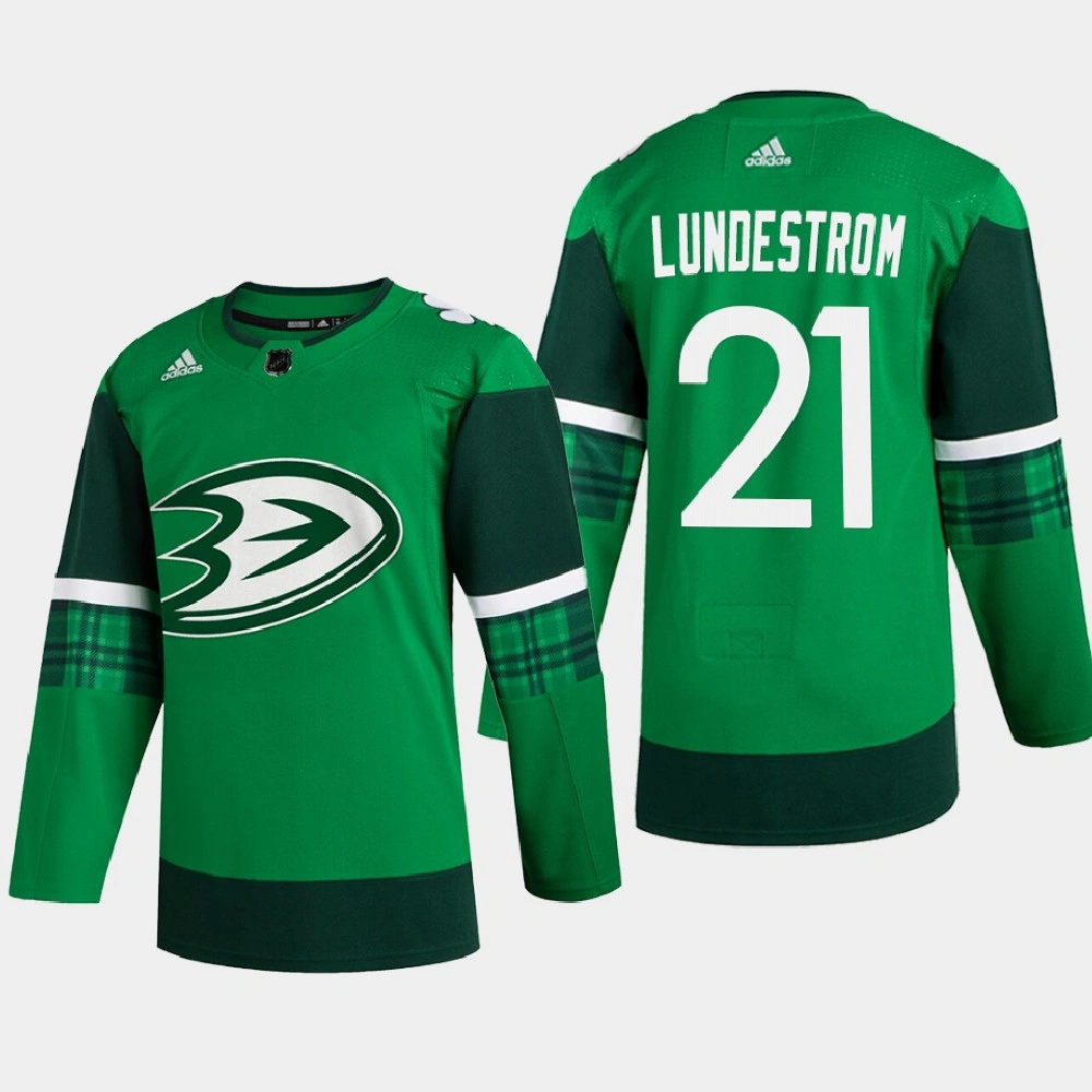 Women's Anaheim Ducks St. Patricks Day Isac Lundestrom Green Warmup Jersey Women's Anaheim Ducks St. Patricks Day Isac Lundestrom Green Warmup Jersey