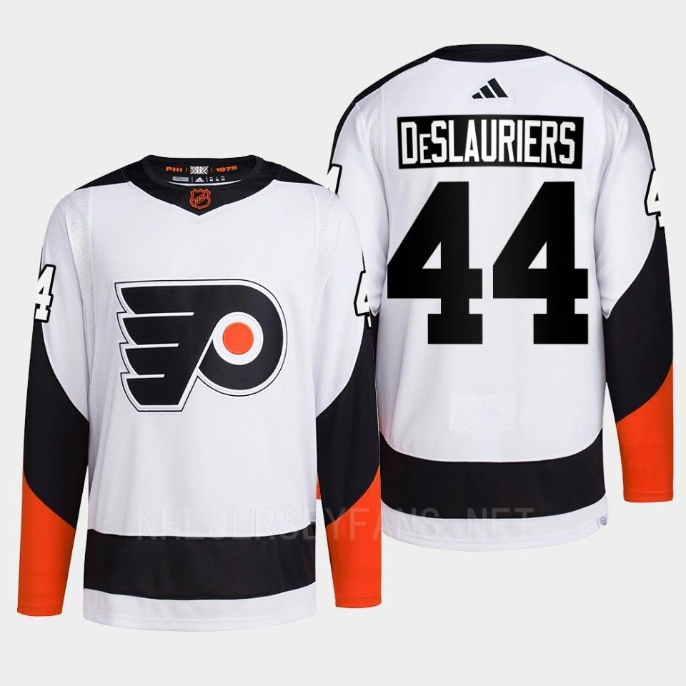Philadelphia Flyers 2022 Reverse Retro 2.0 Nicolas Deslauriers White Authentic Primegreen Jersey Men's Philadelphia Flyers 2022 Reverse Retro 2.0 Nicolas Deslauriers White Authentic Primegreen Jersey Men's