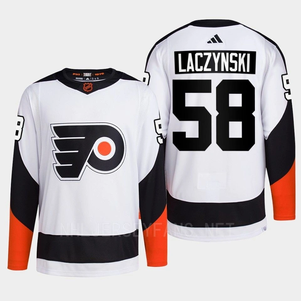 Philadelphia Flyers 2022 Reverse Retro 2.0 Tanner Laczynski White Authentic Primegreen Jersey Men's Philadelphia Flyers 2022 Reverse Retro 2.0 Tanner Laczynski White Authentic Primegreen Jersey Men's