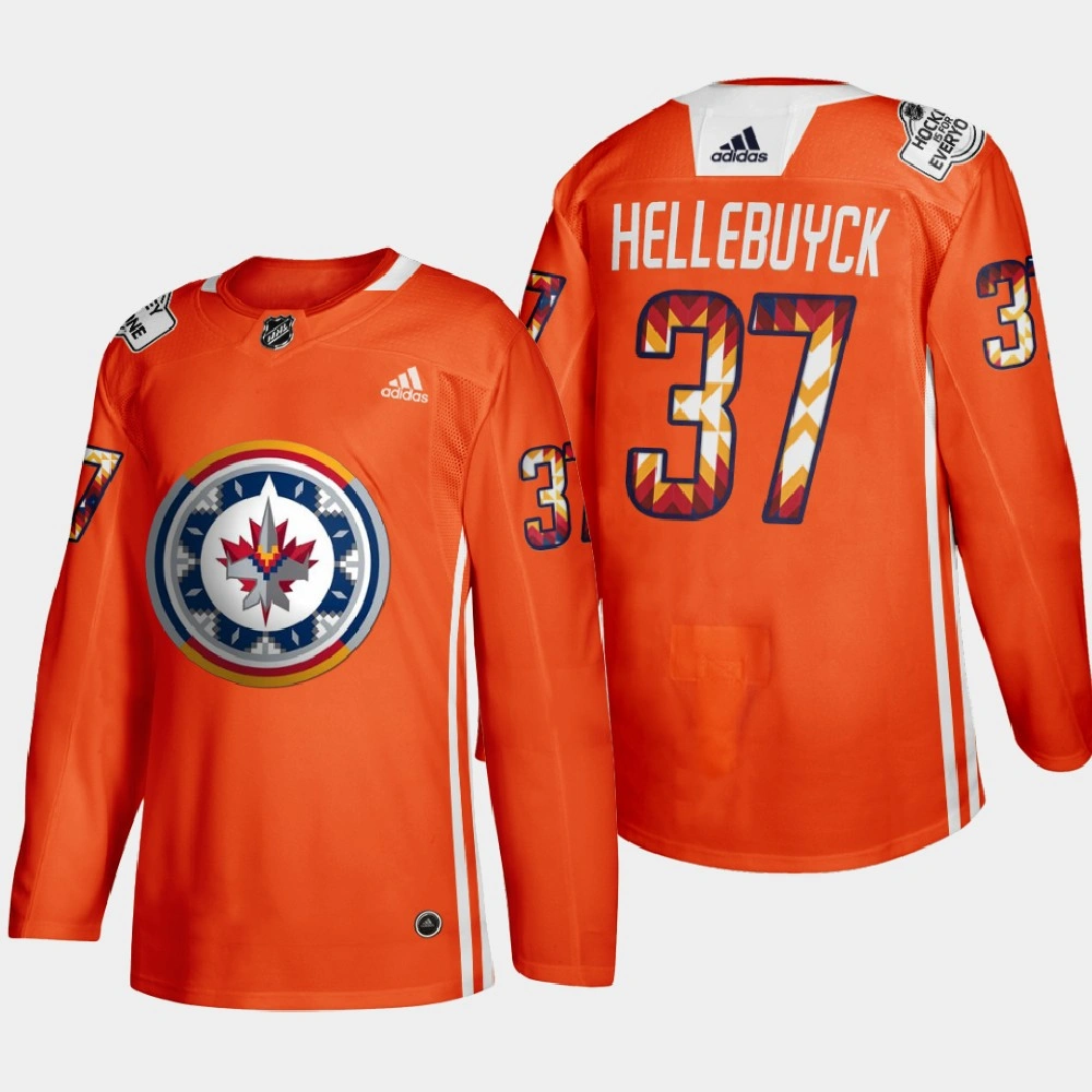 Connor Hellebuyck Winnipeg Jets 2022 WASAC Night Orange #37 Jersey Indigenous Warmup Connor Hellebuyck Winnipeg Jets 2022 WASAC Night Orange #37 Jersey Indigenous Warmup