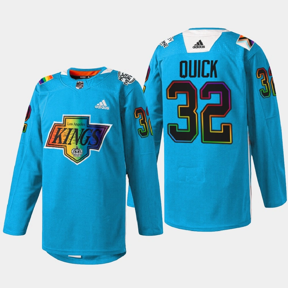 Women's Jonathan Quick Los Angeles Kings Pride Night 2022 Blue #32 Jersey Warm-Up Women's Jonathan Quick Los Angeles Kings Pride Night 2022 Blue #32 Jersey Warm-Up