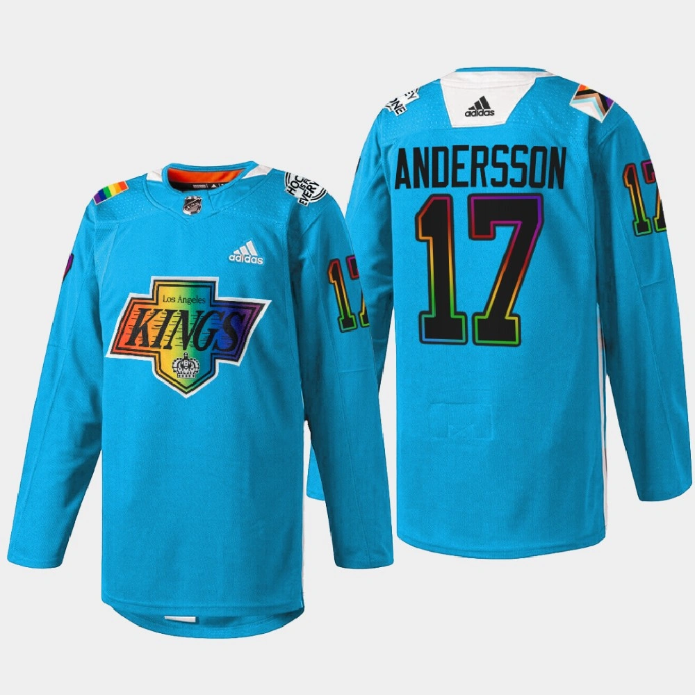Women's Lias Andersson Los Angeles Kings Pride Night 2022 Blue #17 Jersey Warm-Up