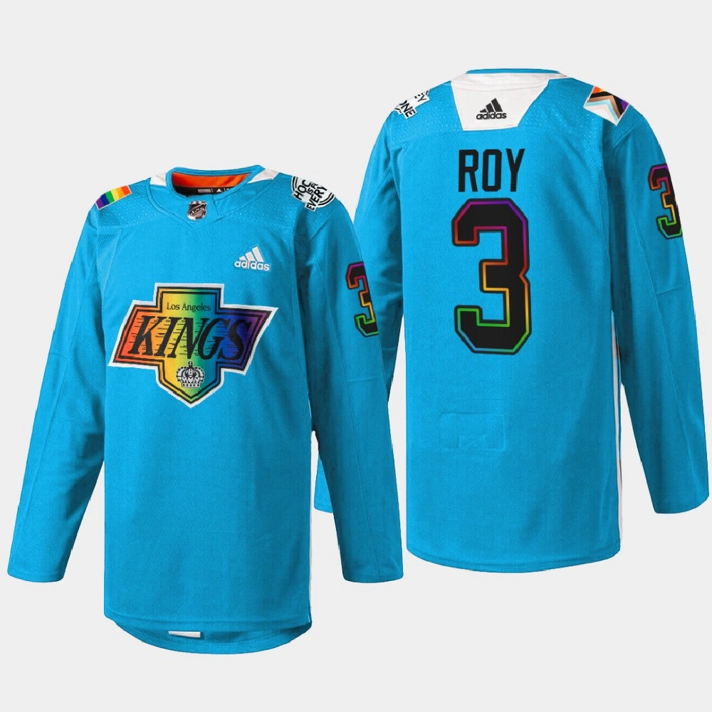 Youth Matt Roy Los Angeles Kings Pride Night 2022 Blue #3 Jersey Warm-Up Youth Matt Roy Los Angeles Kings Pride Night 2022 Blue #3 Jersey Warm-Up