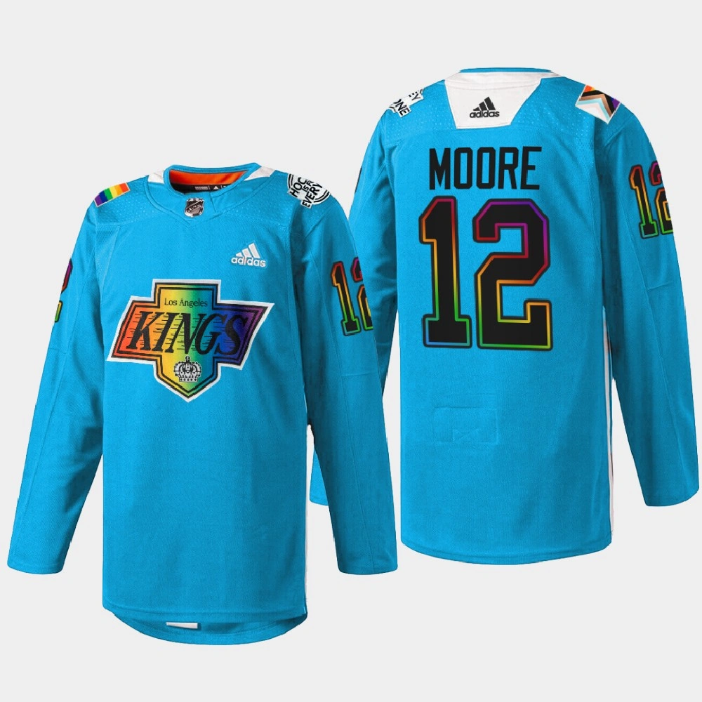 Women's Trevor Moore Los Angeles Kings Pride Night 2022 Blue #12 Jersey Warm-Up