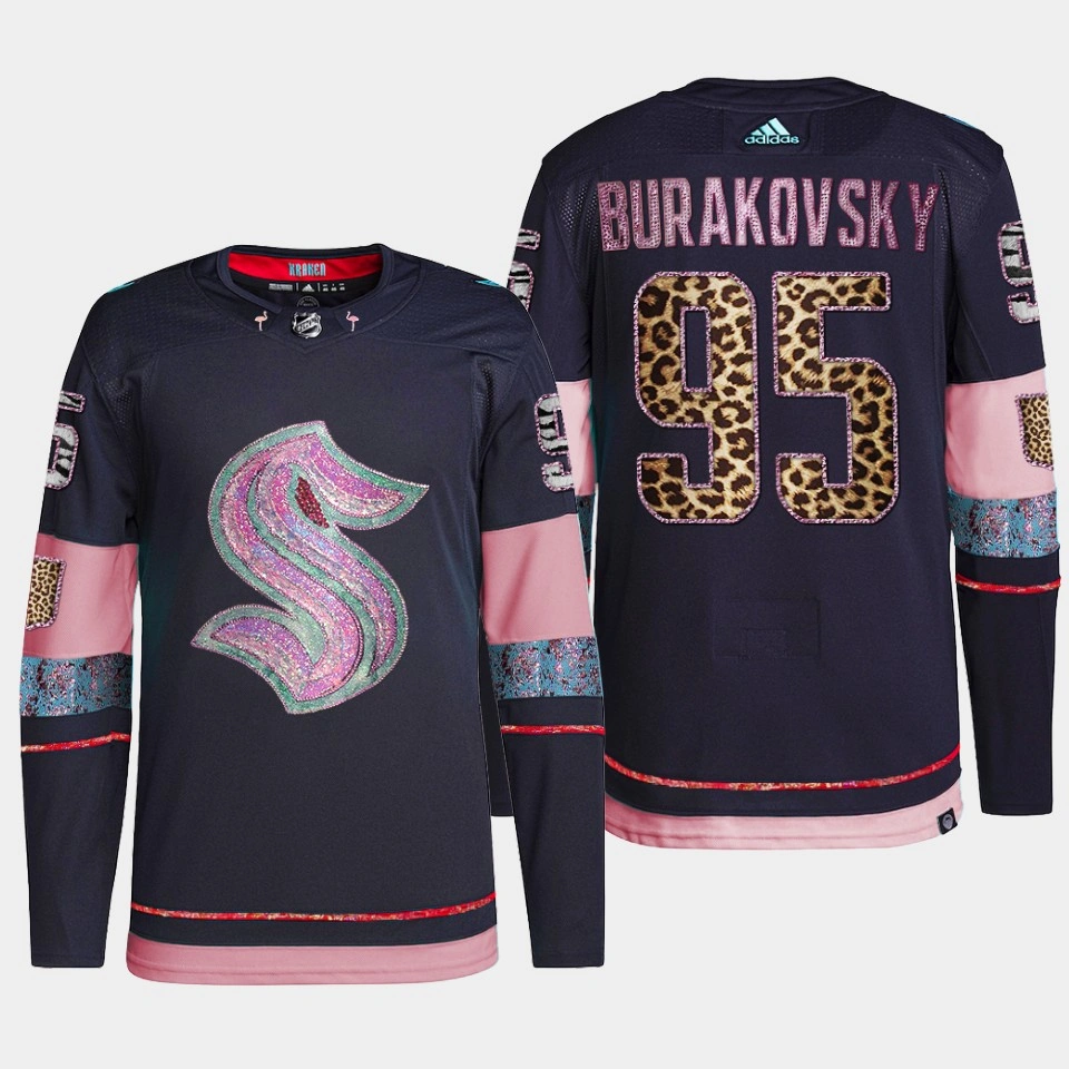 Andre Burakovsky Seattle Kraken MGK Leopard Print Navy #95 Jersey Diamond Limited
