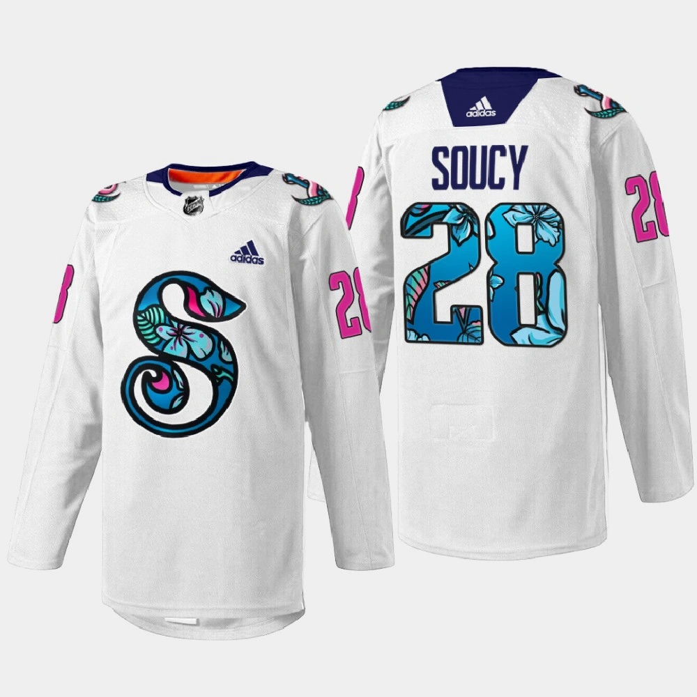 Women's Carson Soucy Seattle Kraken Pride Night 2022 White #28 Jersey Warmup