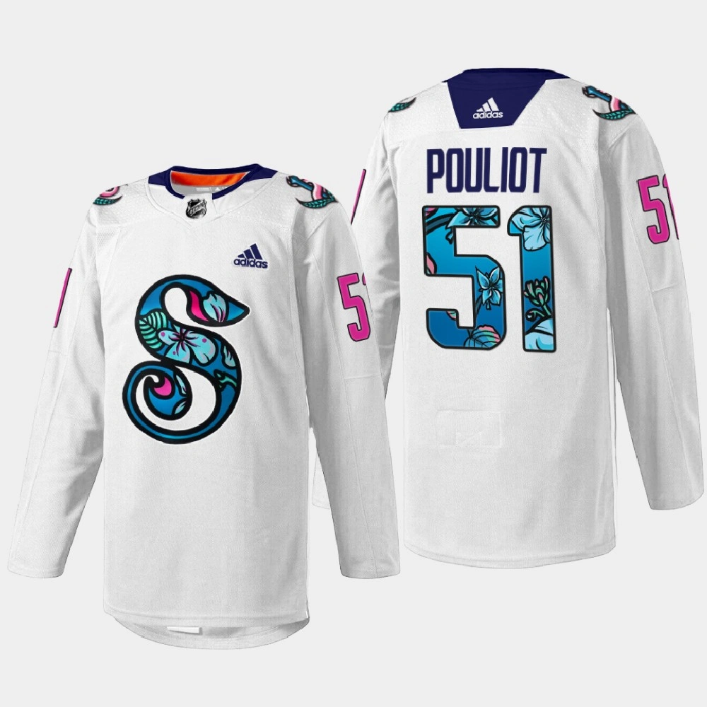 Derrick Pouliot Seattle Kraken Pride Night 2022 White #51 Jersey Warmup