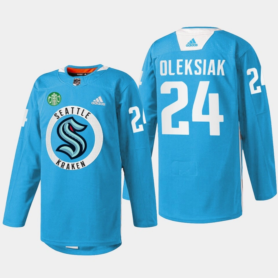Youth Seattle Kraken Practice Jamie Oleksiak Blue Warmup Jersey Youth Seattle Kraken Practice Jamie Oleksiak Blue Warmup Jersey