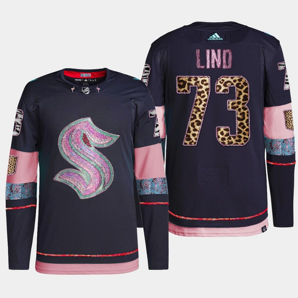 Women's Kole Lind Seattle Kraken MGK Leopard Print Navy #73 Jersey Diamond Limited Women's Kole Lind Seattle Kraken MGK Leopard Print Navy #73 Jersey Diamond Limited
