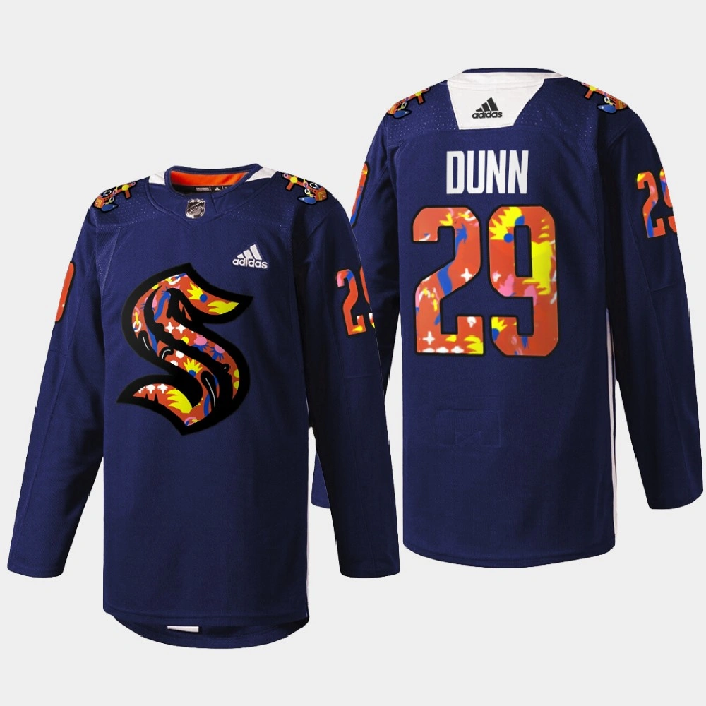 Vince Dunn Seattle Kraken Women of Hockey 2022 Navy #29 Jersey Stevie Artwork Warmup