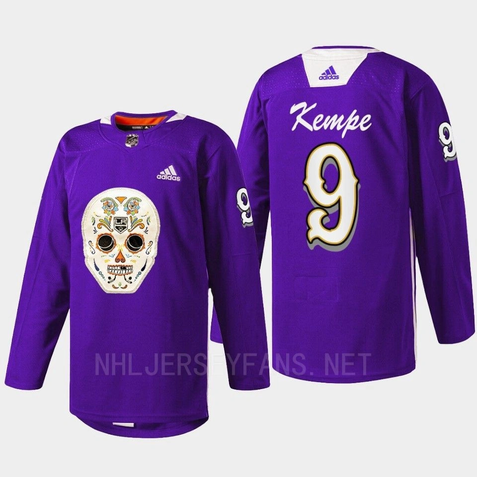 Los Angeles Kings Dia De Los Metros Night Adrian Kempe Purple Sugar Skull warmup Jersey Los Angeles Kings Dia De Los Metros Night Adrian Kempe Purple Sugar Skull warmup Jersey