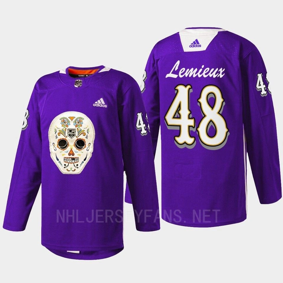 Los Angeles Kings Dia De Los Metros Night Brendan Lemieux Purple Sugar Skull warmup Jersey Los Angeles Kings Dia De Los Metros Night Brendan Lemieux Purple Sugar Skull warmup Jersey