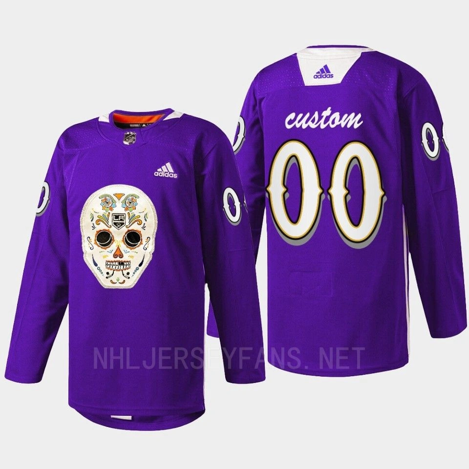 Youth Los Angeles Kings Dia De Los Metros Night Custom Purple Sugar Skull warmup Jersey Youth Los Angeles Kings Dia De Los Metros Night Custom Purple Sugar Skull warmup Jersey