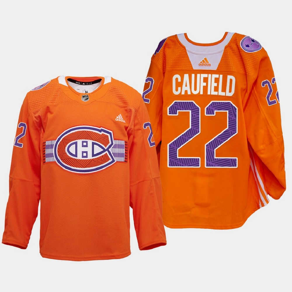 Montreal Canadiens Indigenous Celebration Night Cole Caufield Orange Warmup Jersey Montreal Canadiens Indigenous Celebration Night Cole Caufield Orange Warmup Jersey