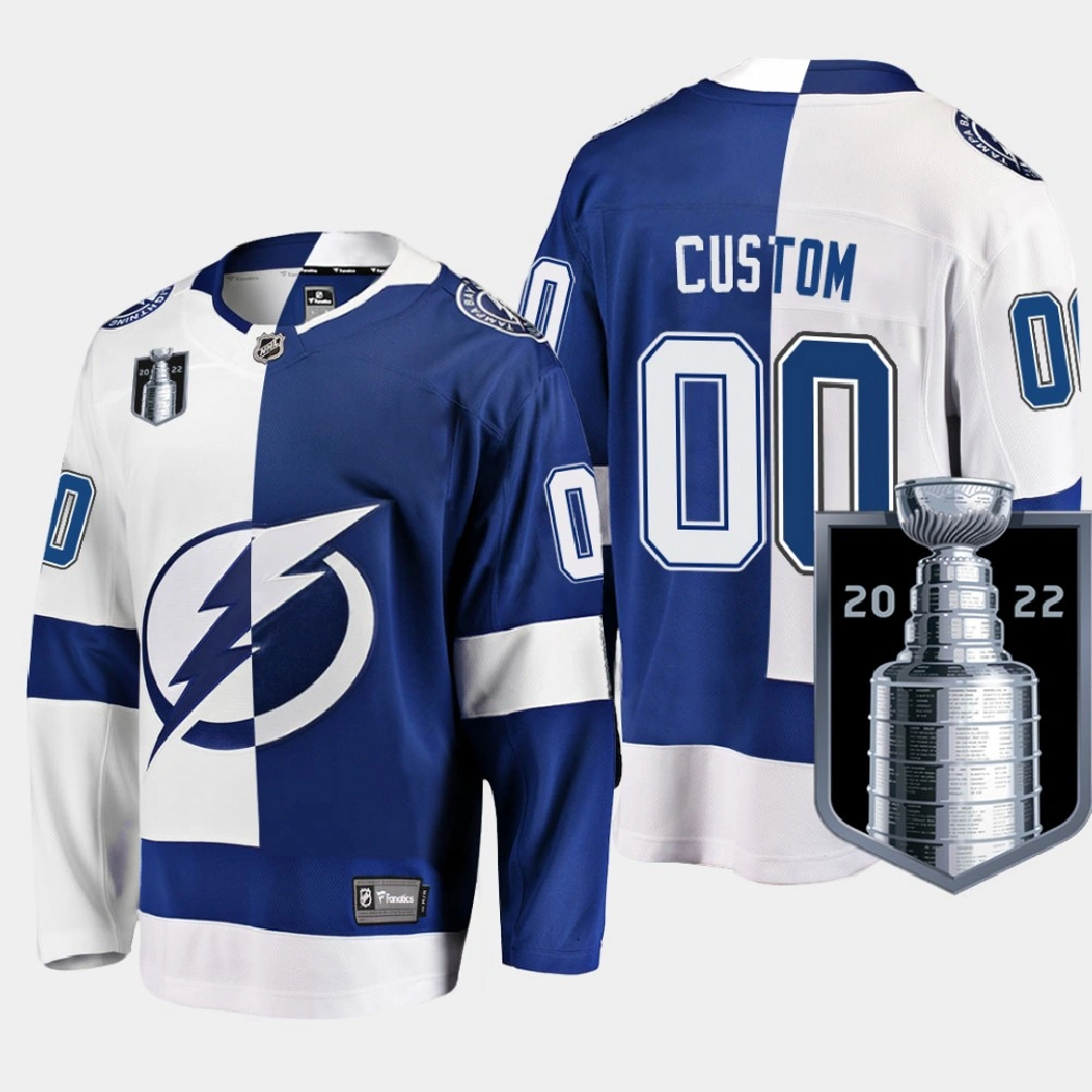 Custom Tampa Bay Lightning 2022 Eastern Conference Champs Blue White #00 Jersey Split Custom Tampa Bay Lightning 2022 Eastern Conference Champs Blue White #00 Jersey Split