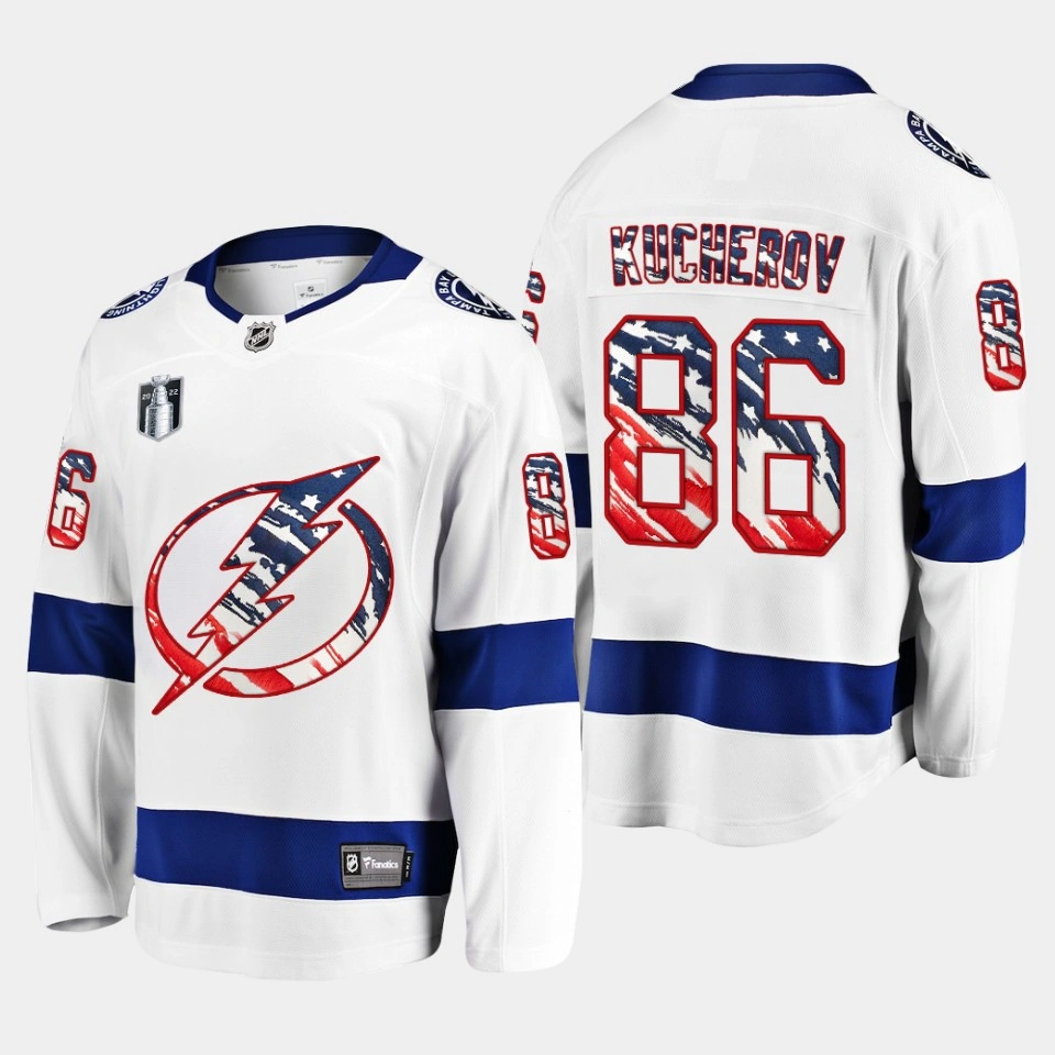 Women's Nikita Kucherov Tampa Bay Lightning 4th of July 2022 White #86 Jersey Stars Stripes Flag