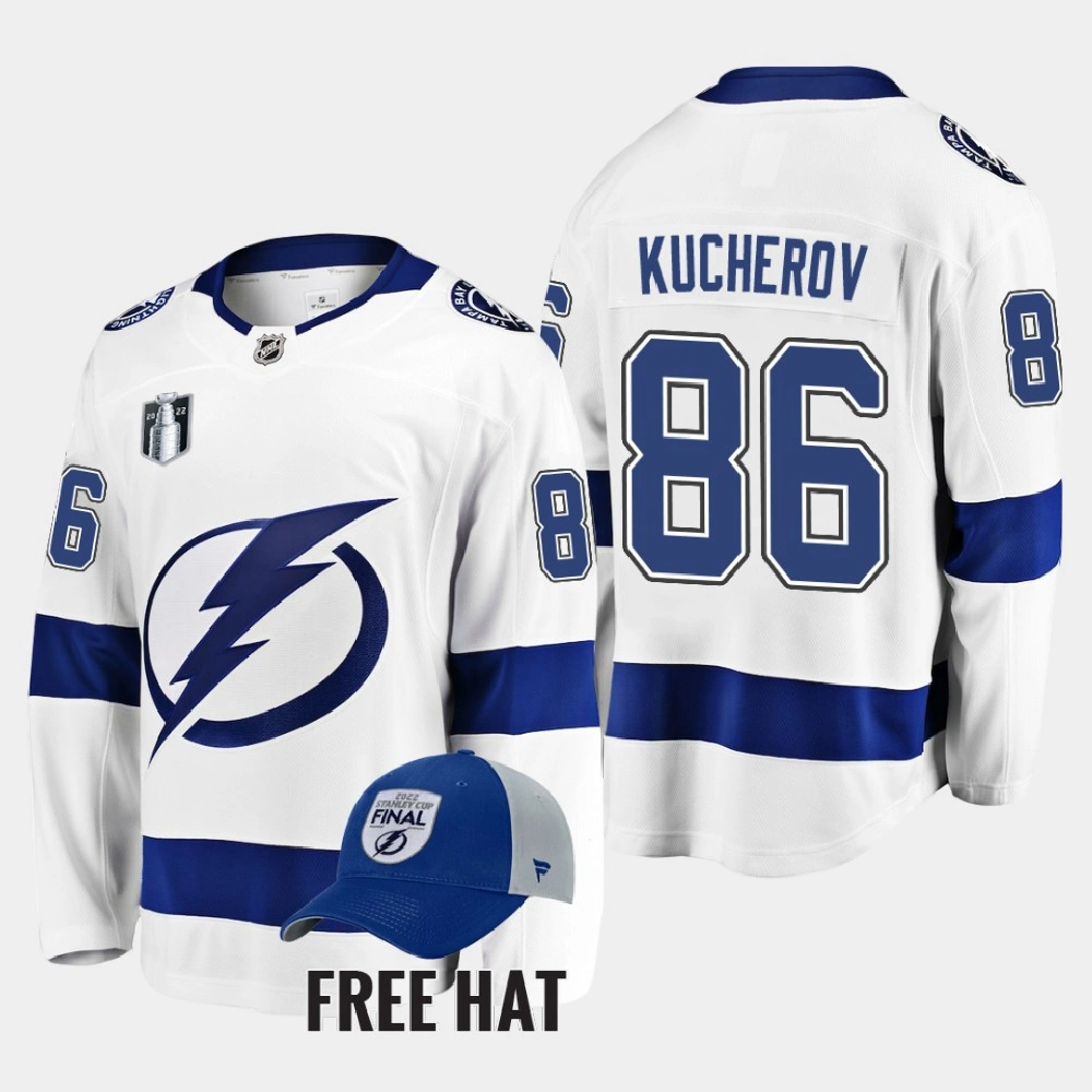 Youth Nikita Kucherov Tampa Bay Lightning 2022 Stanley Cup Final White #86 Jersey Away Youth Nikita Kucherov Tampa Bay Lightning 2022 Stanley Cup Final White #86 Jersey Away