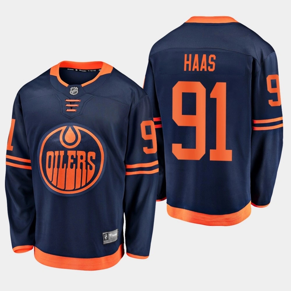 Oilers Gaetan Haas #91 2019-20 Alternate Premier Breakaway Jersey - Navy