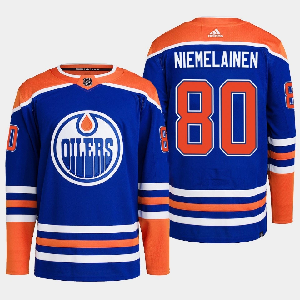 Edmonton Oilers Markus Niemelainen Royal Primegreen Authentic Home Jersey 2022-23 Edmonton Oilers Markus Niemelainen Royal Primegreen Authentic Home Jersey 2022-23