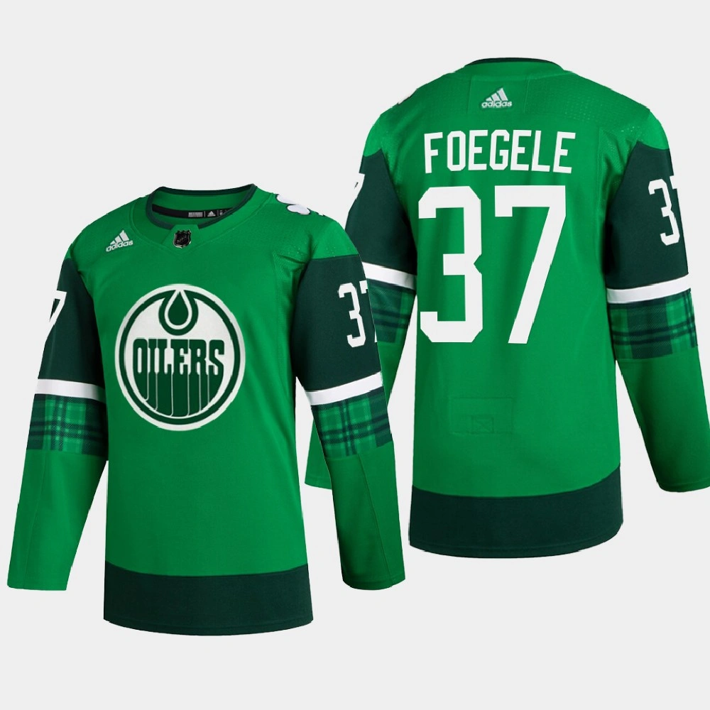 Edmonton Oilers 2022 St. Patrick Warren Foegele Green Warm-Up Jersey