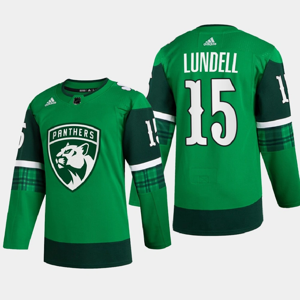 Women's Florida Panthers St. Patricks Day Anton Lundell Green Warm-Up Jersey