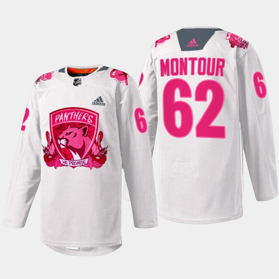 Women's Brandon Montour Florida Panthers Pink in the Rink 2022 White #62 Jersey Warmup