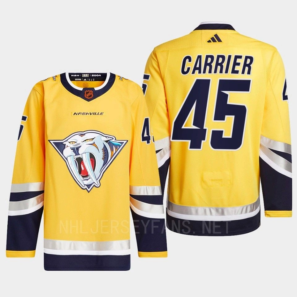 Nashville Predators 2022 Reverse Retro 2.0 Alexandre Carrier Yellow Authentic Primegreen Jersey Men's Nashville Predators 2022 Reverse Retro 2.0 Alexandre Carrier Yellow Authentic Primegreen Jersey Men's