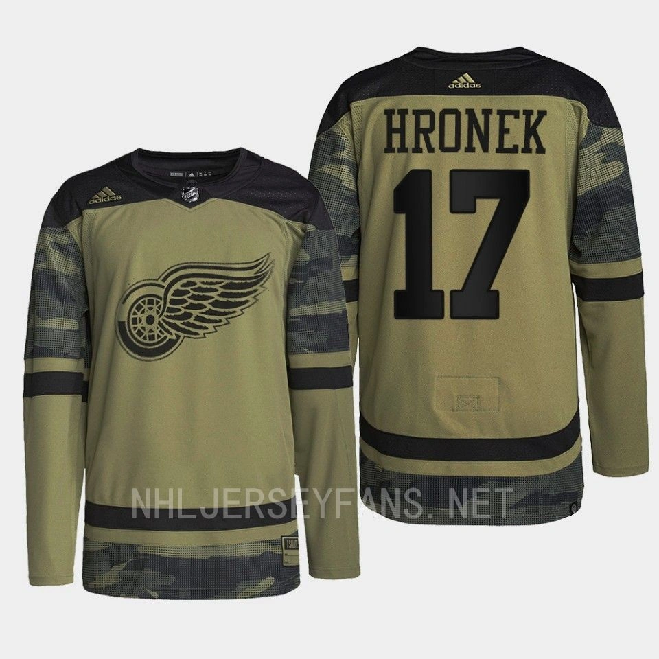 Women's Filip Hronek Detroit Red Wings Veterans Day 2022 Camo #17 Jersey Warmup