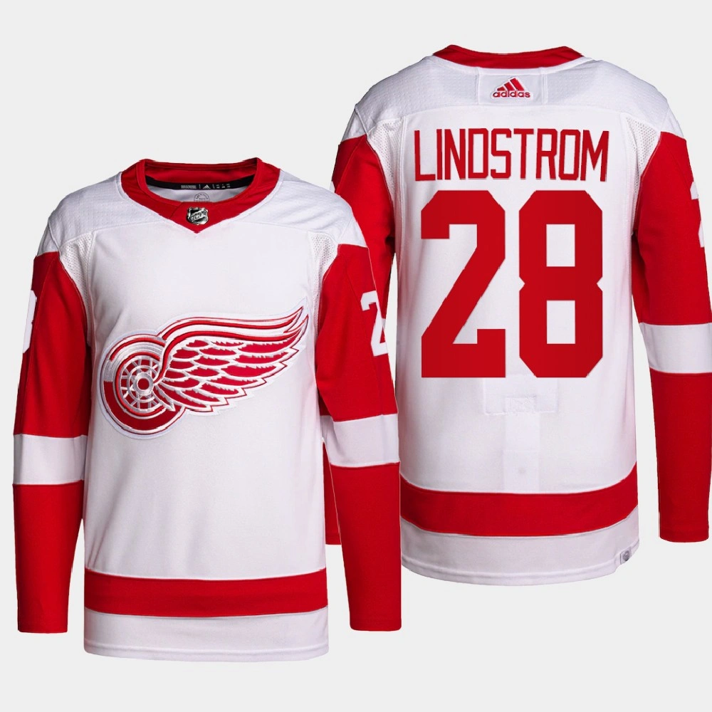 Youth Gustav Lindstrom #28 Detroit Red Wings White Jersey 2022 Away Primegreen Authentic Pro