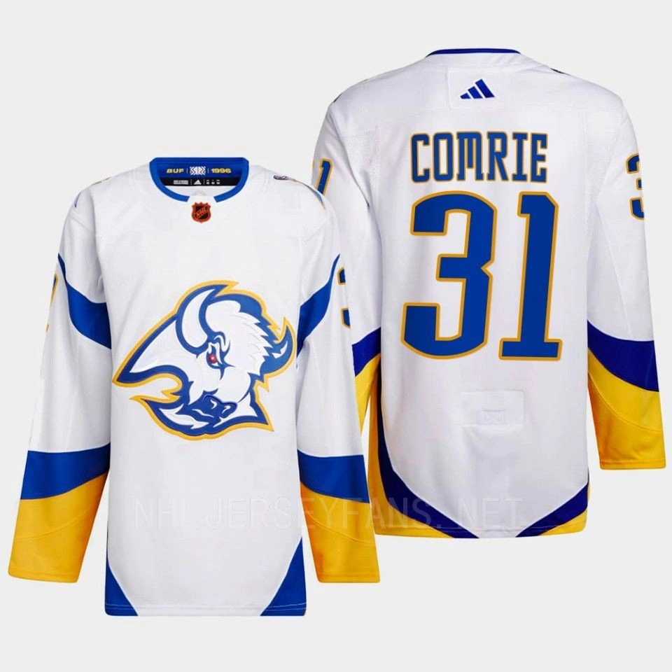 Eric Comrie Reverse Retro 2.0 2022 Buffalo Sabres White Jersey Authentic Primegreen #31 Eric Comrie Reverse Retro 2.0 2022 Buffalo Sabres White Jersey Authentic Primegreen #31