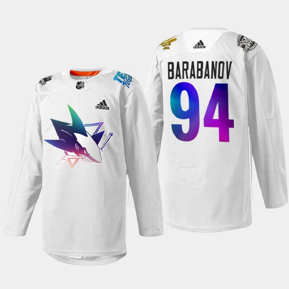 Women's Alexander Barabanov San Jose Sharks Pride Night 2022 White #94 Jersey HockeyIsForEveryone Women's Alexander Barabanov San Jose Sharks Pride Night 2022 White #94 Jersey HockeyIsForEveryone