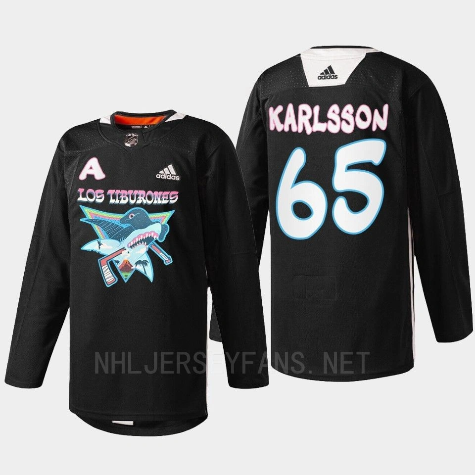 Youth Erik Karlsson 2022 Los Tiburones San Jose Sharks Black Jersey Specialty Warm-Up #65 Youth Erik Karlsson 2022 Los Tiburones San Jose Sharks Black Jersey Specialty Warm-Up #65