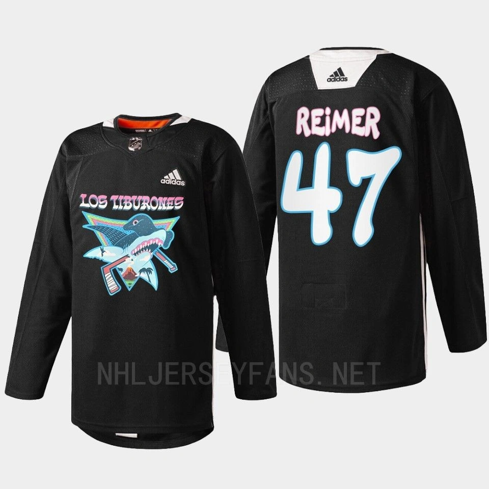 Youth James Reimer 2022 Los Tiburones San Jose Sharks Black Jersey Specialty Warm-Up #47