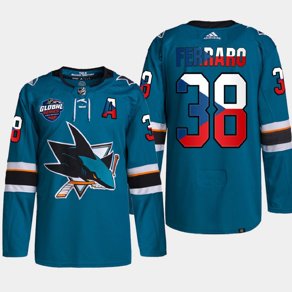 Women's San Jose Sharks 2022 NHL Global Series Mario Ferraro Teal Czech Republic Challenge Jersey Women's San Jose Sharks 2022 NHL Global Series Mario Ferraro Teal Czech Republic Challenge Jersey