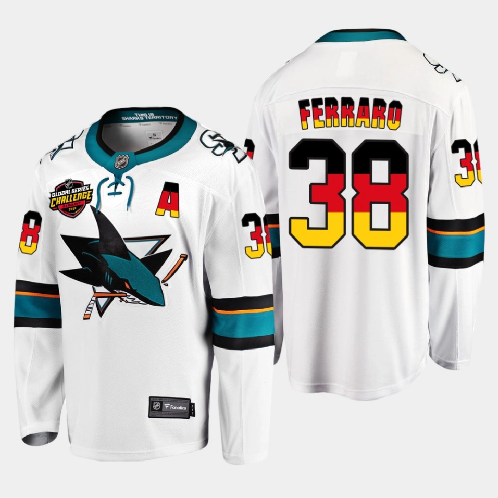 Youth Mario Ferraro San Jose Sharks 2022 NHL Global Series White #38 Jersey Germany Challenge Youth Mario Ferraro San Jose Sharks 2022 NHL Global Series White #38 Jersey Germany Challenge