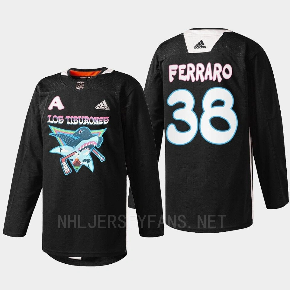 Mario Ferraro 2022 Los Tiburones San Jose Sharks Black Jersey Specialty Warm-Up #38 Mario Ferraro 2022 Los Tiburones San Jose Sharks Black Jersey Specialty Warm-Up #38