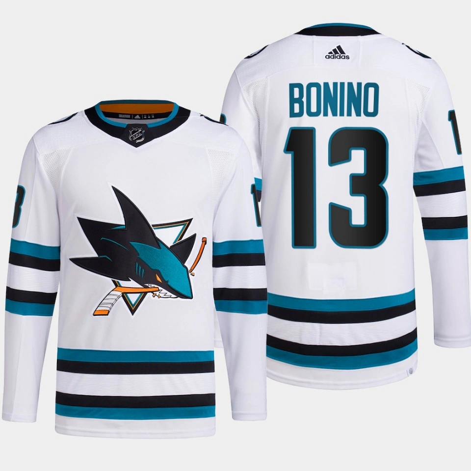 Youth Nick Bonino #13 San Jose Sharks White Jersey 2022-23 Away Primegreen Authentic
