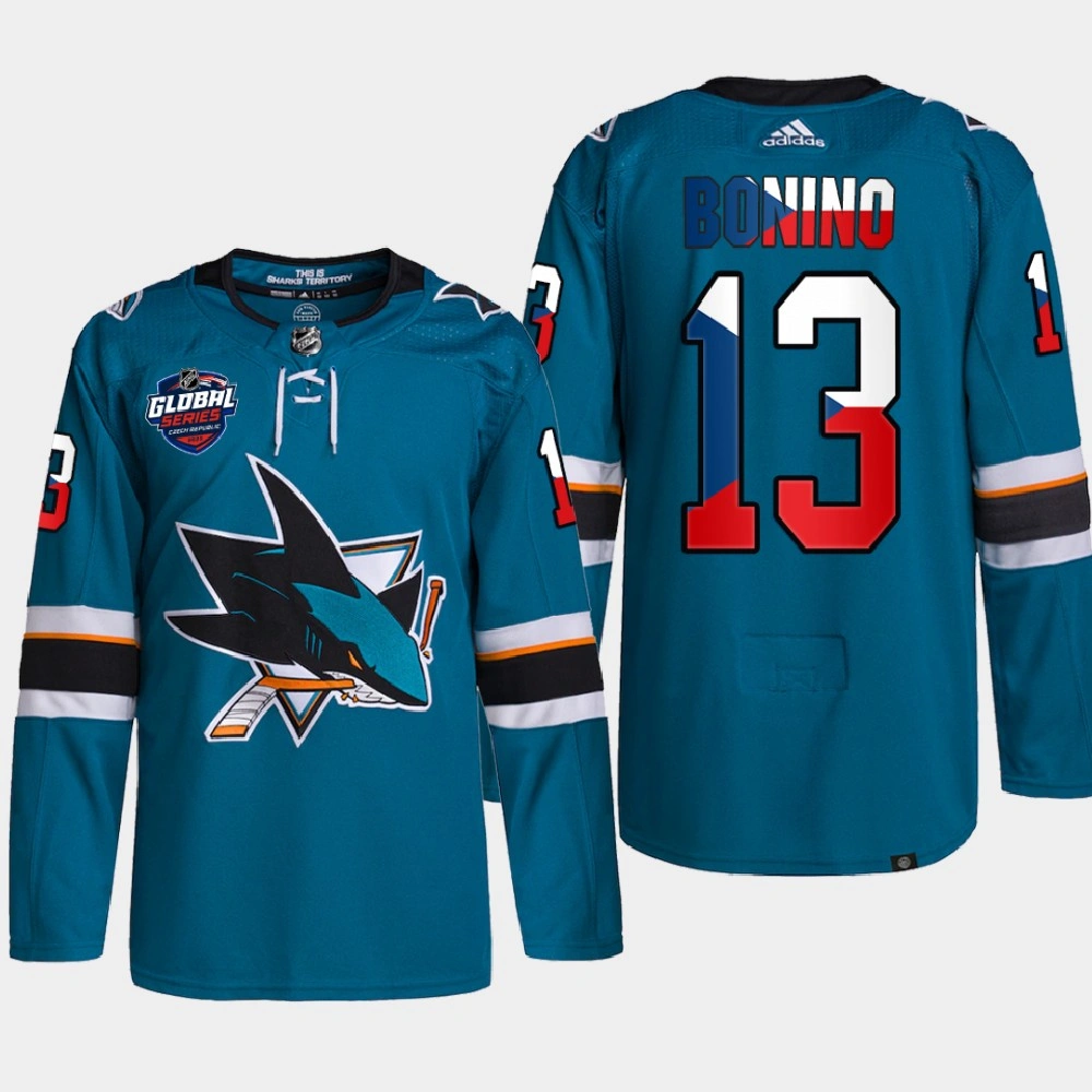 Women's San Jose Sharks 2022 NHL Global Series Nick Bonino Teal Czech Republic Challenge Jersey Women's San Jose Sharks 2022 NHL Global Series Nick Bonino Teal Czech Republic Challenge Jersey