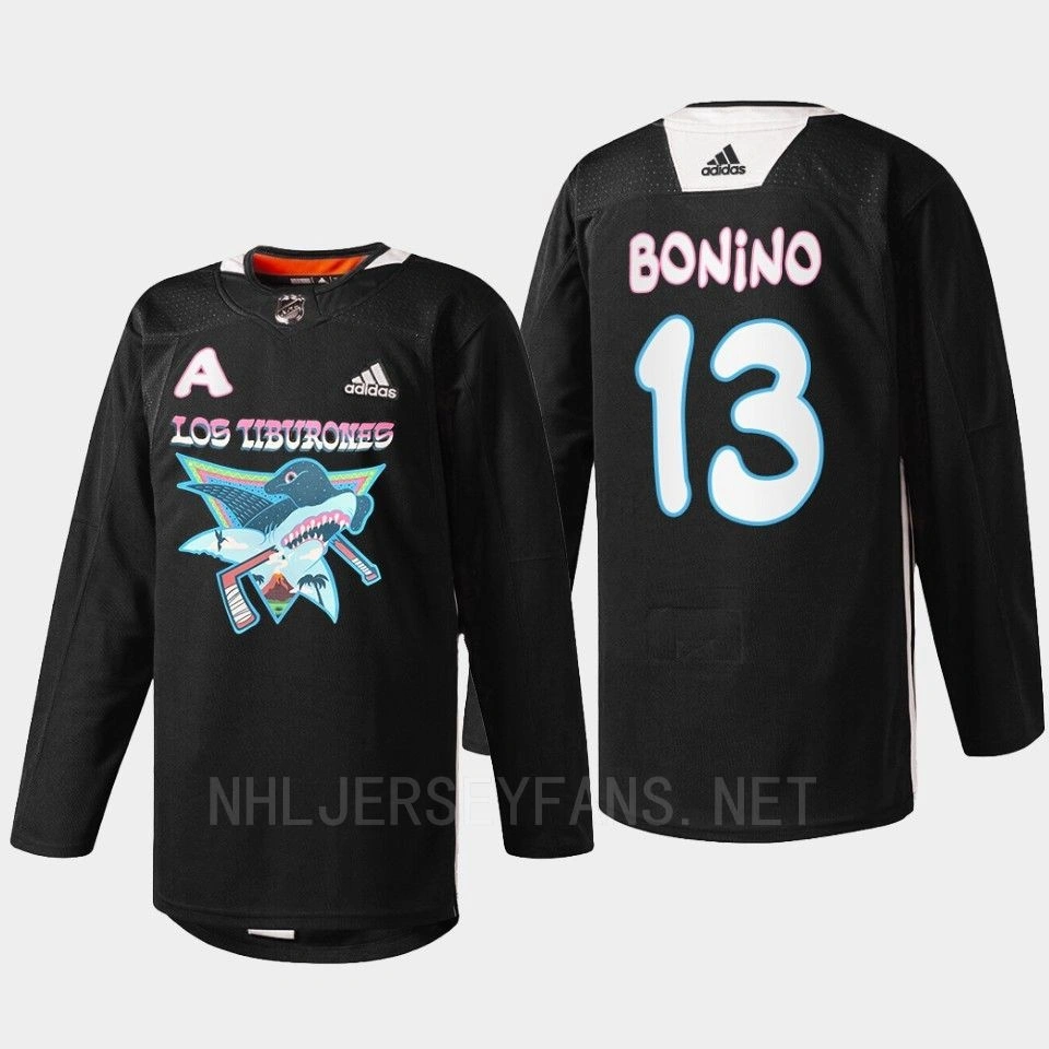 Nick Bonino 2022 Los Tiburones San Jose Sharks Black Jersey Specialty Warm-Up #13 Nick Bonino 2022 Los Tiburones San Jose Sharks Black Jersey Specialty Warm-Up #13