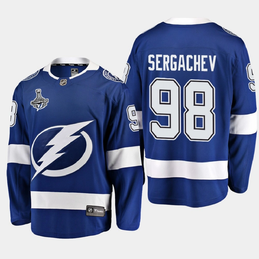 Men's Tampa Bay Lightning Mikhail Sergachev #98 2020 Stanley Cup Champions Home Breakaway Player Blue Jersey Men's Tampa Bay Lightning Mikhail Sergachev #98 2020 Stanley Cup Champions Home Breakaway Player Blue Jersey