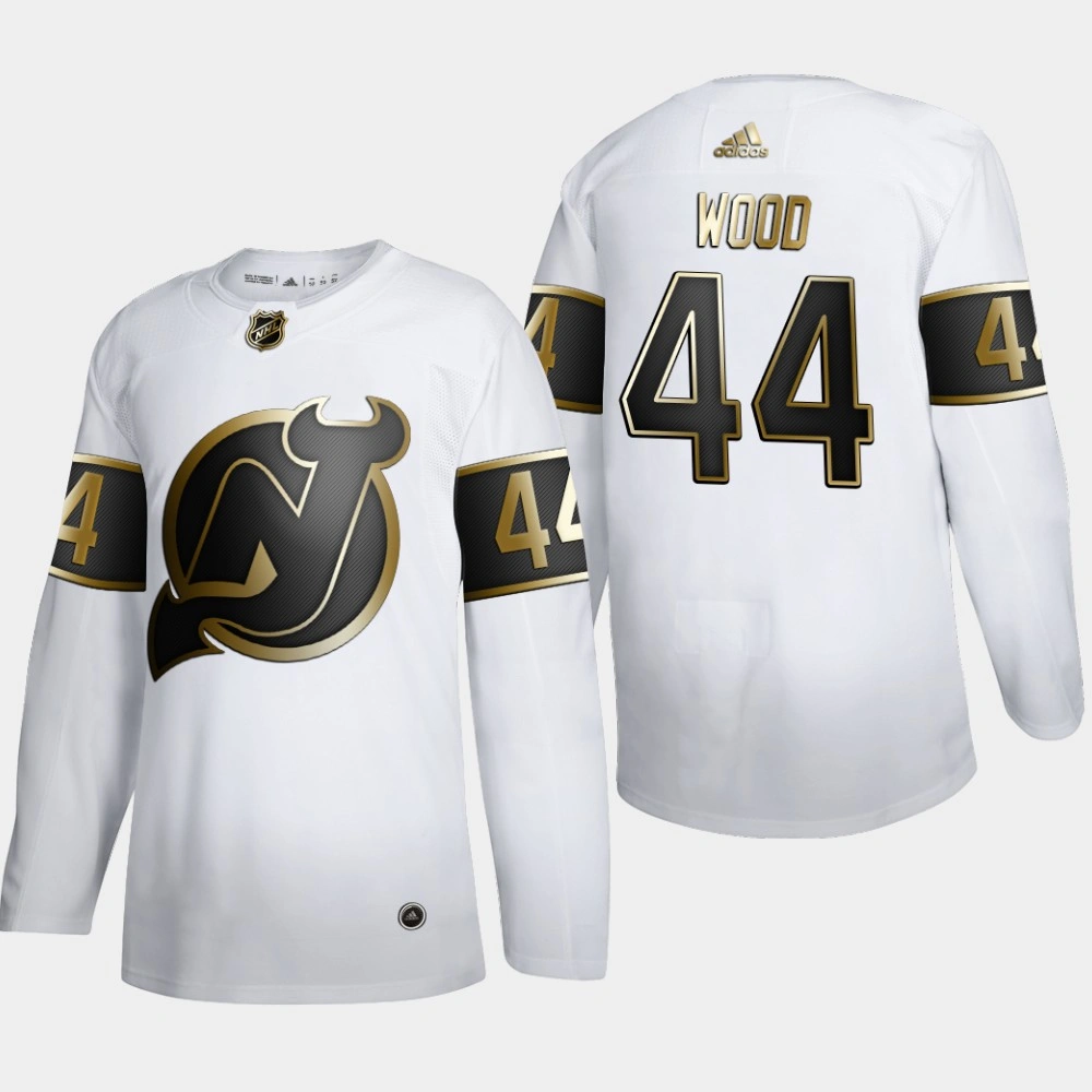 Men's New Jersey Devils Miles Wood #44 NHL Golden Edition White Authentic Jersey Men's New Jersey Devils Miles Wood #44 NHL Golden Edition White Authentic Jersey