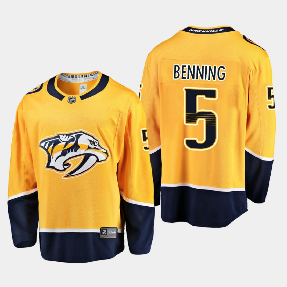 Men's Nashville Predators Matt Benning #5 Home 2020-21 Breakaway Player Yellow Jersey Men's Nashville Predators Matt Benning #5 Home 2020-21 Breakaway Player Yellow Jersey