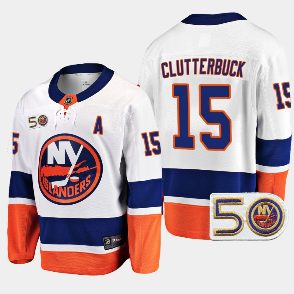 New York Islanders Cal Clutterbuck 2022-23 50th Anniversary White #15 Jersey Away New York Islanders Cal Clutterbuck 2022-23 50th Anniversary White #15 Jersey Away
